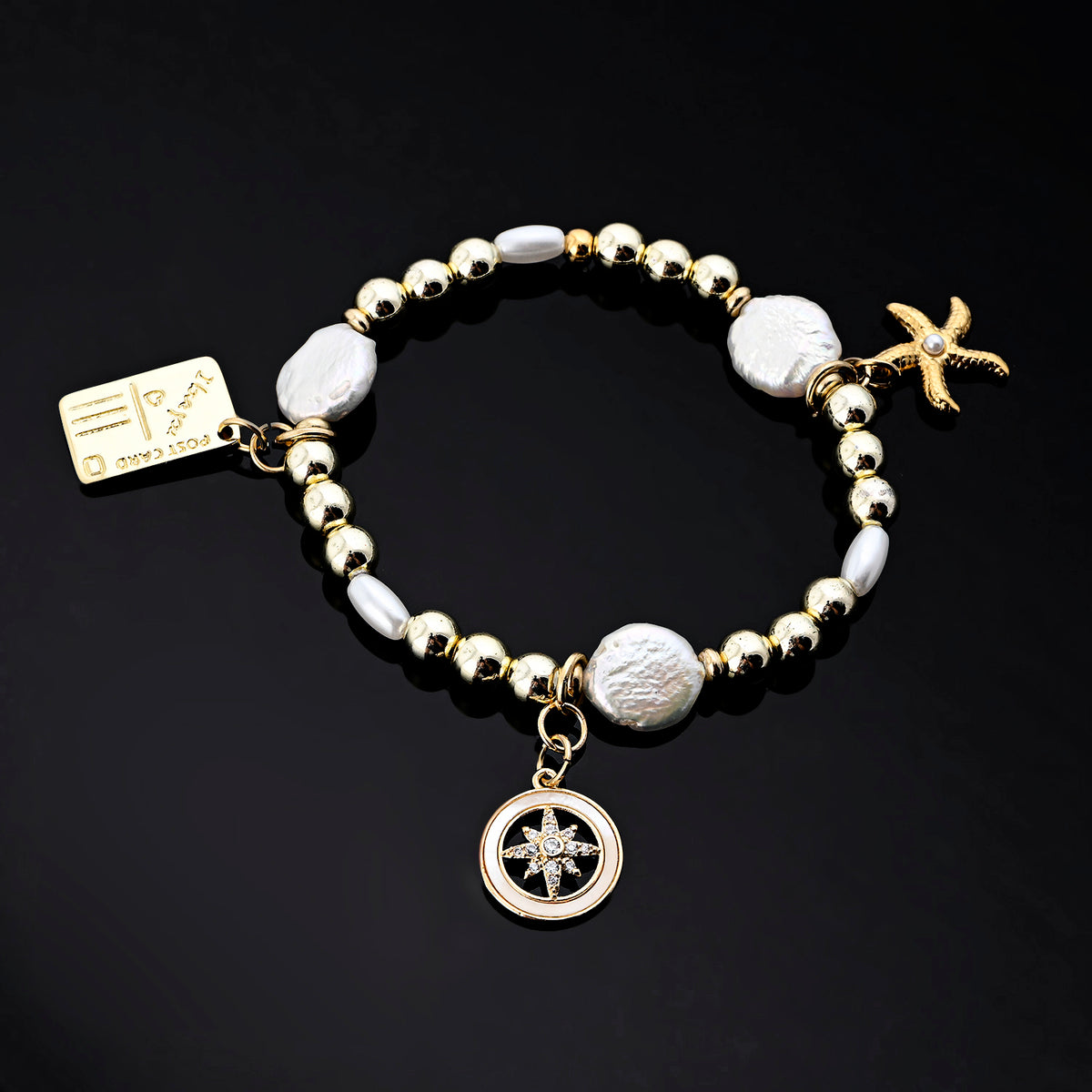 Isola Charm Bracelet (Compass, Postcard, White Starfish)